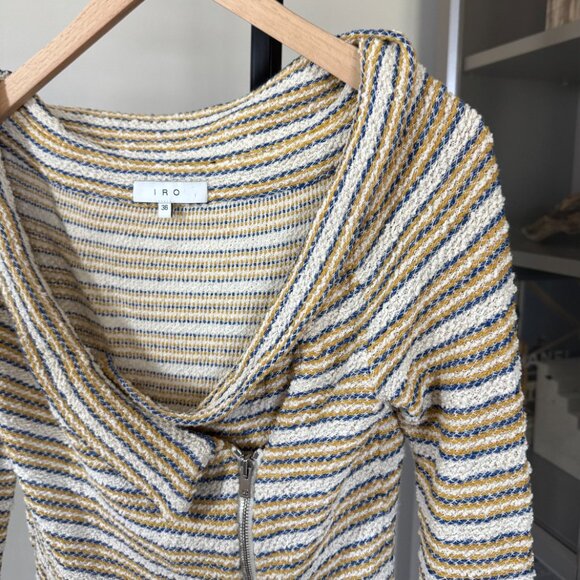 IRO Vana Woven Yellow Blue Stripe Off Shoulder Asymmetrical Zip-Up Jacket 36 Top - Picture 2 of 7